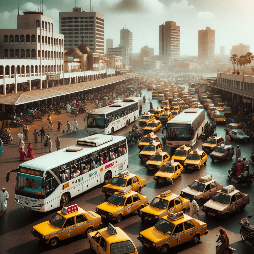Gele en zwarte taxi's in Dakar met busstation op de achtergrond.