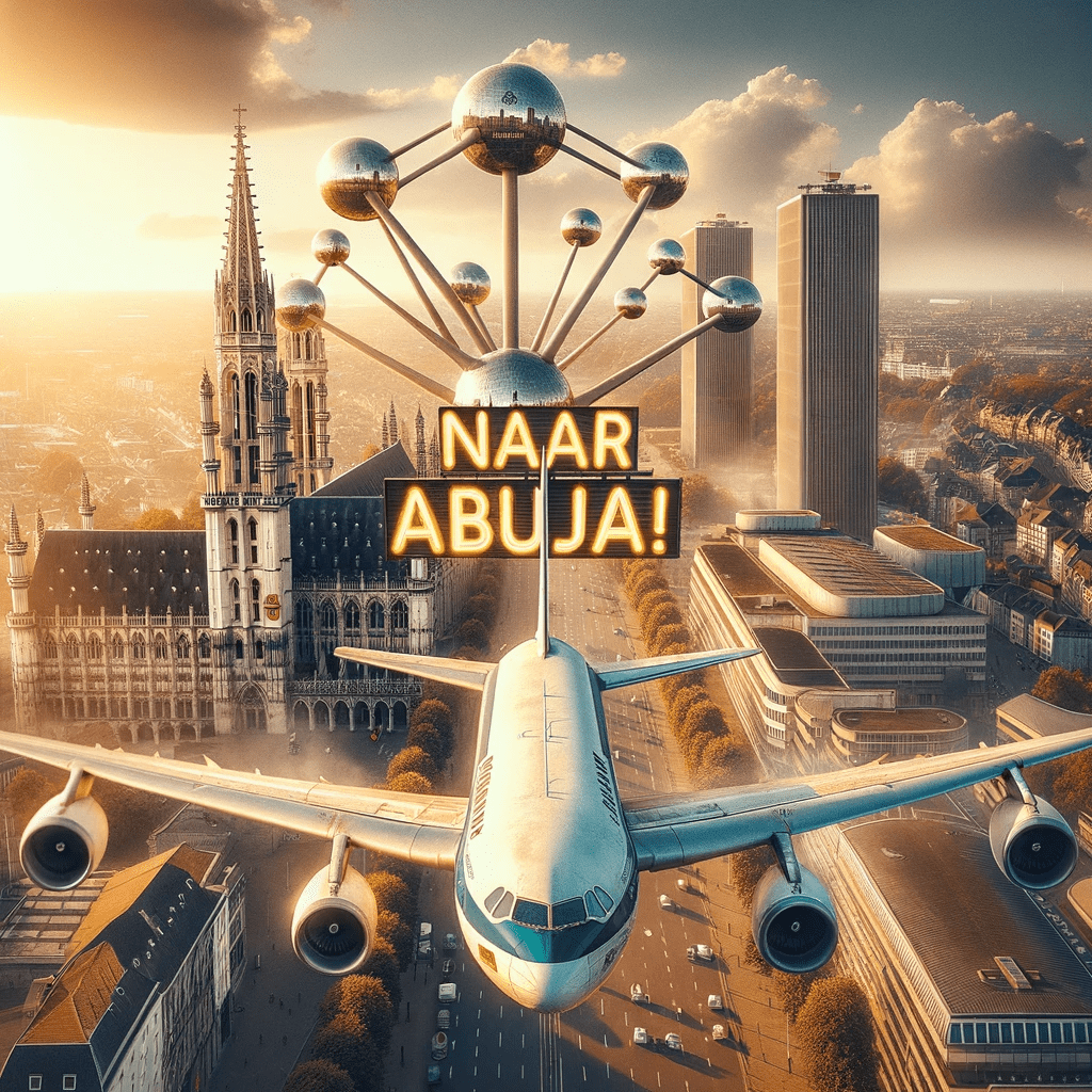 Vliegtuig opstijgend met 'Naar Abuja!' tekst, Brusselse historische gebouwen en moderne Abuja architectuur, met glinsterend Atomium.