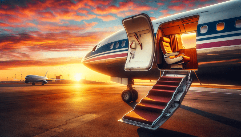 Een vliegtuig uit de jaren '70 en '80 op de startbaan bij zonsondergang met een zichtbare lege stoel die last-minute reismogelijkheden symboliseert.