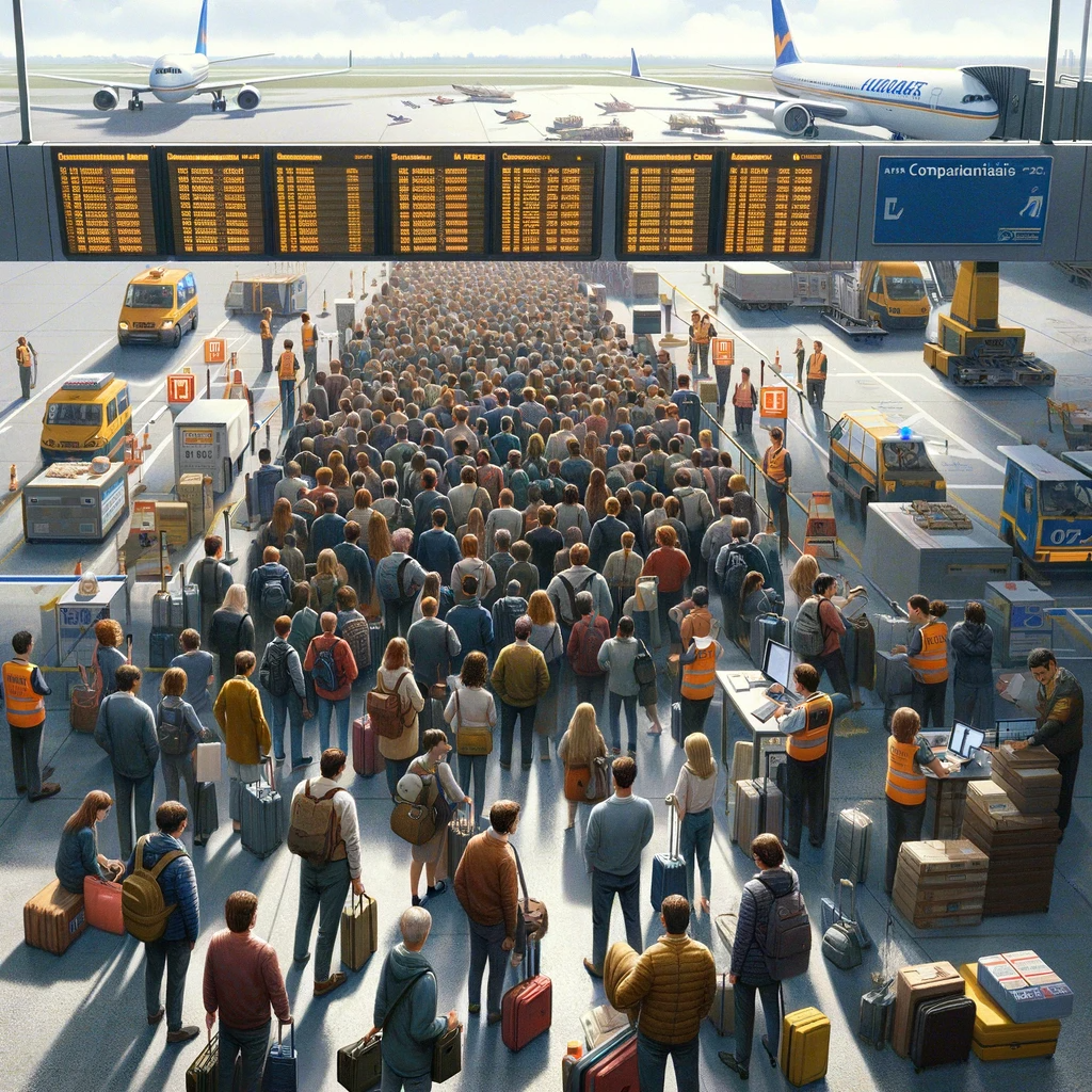 Gefrustreerde passagiers vragen om compensatie voor een vertraagde vlucht bij een informatiebalie op een druk vliegveld