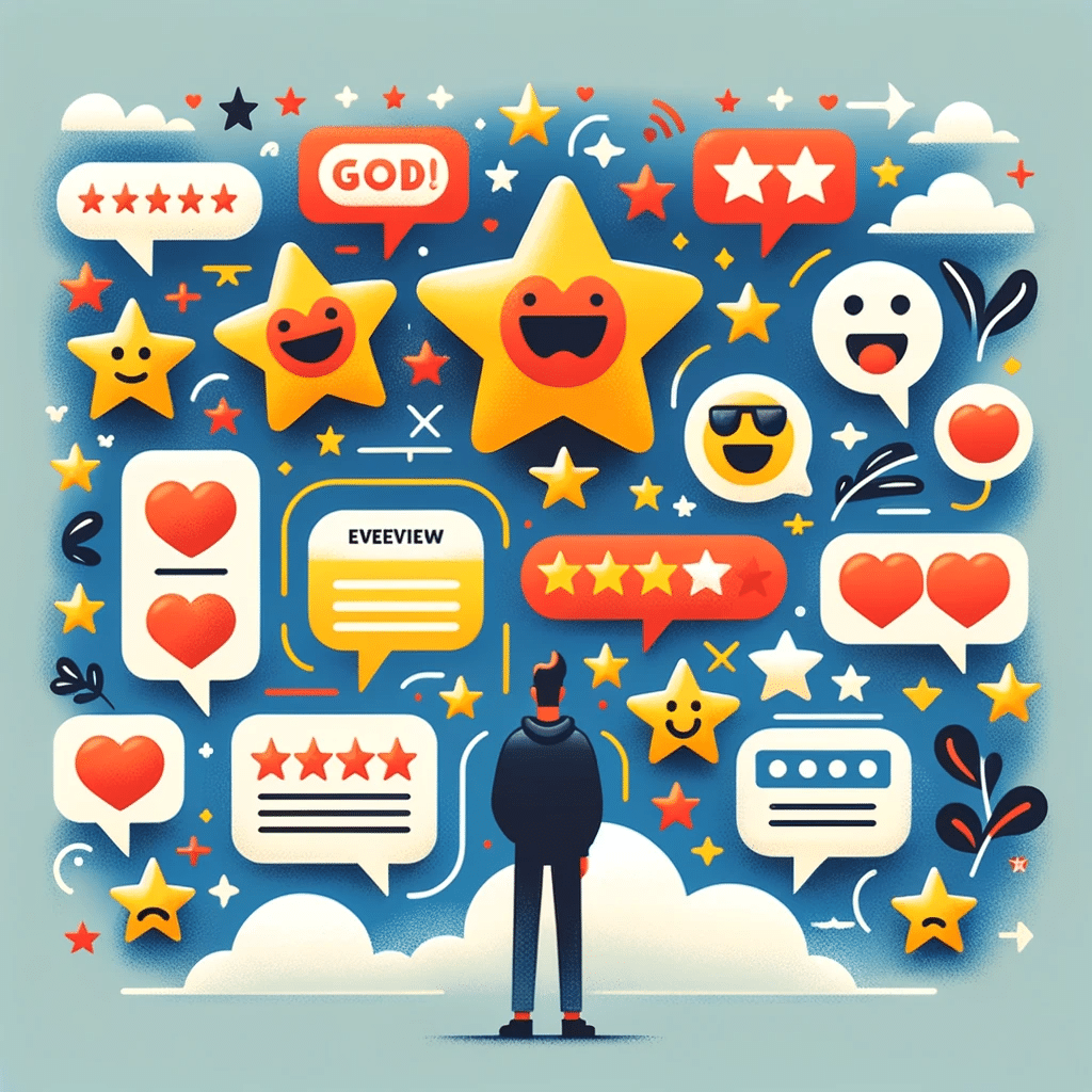 Kleurrijke afbeelding met positieve klantenreviews symbolen zoals sterren, duimen omhoog, en glimlachende emoji's met tekstballonnen.