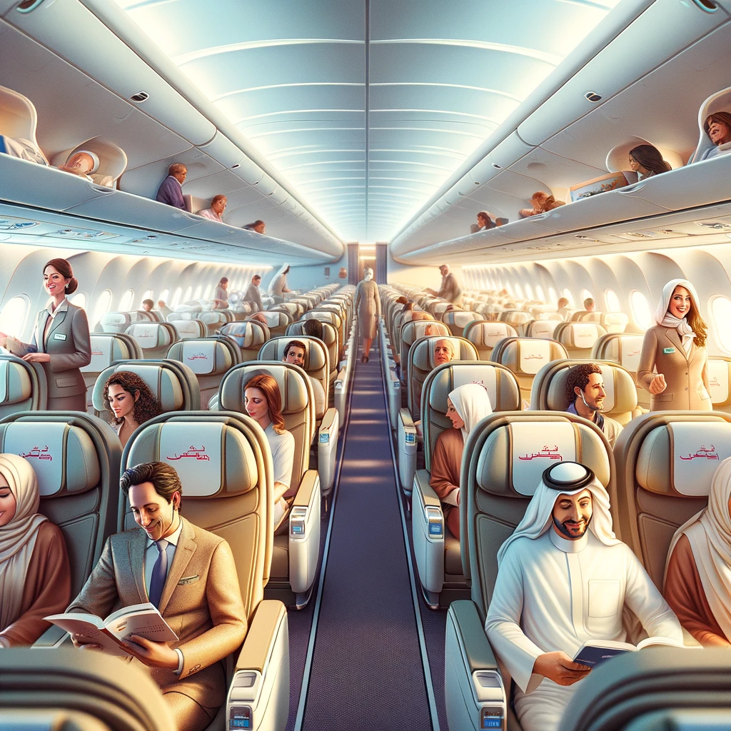 Passagiers genieten comfortabel van hun vlucht naar Tanger in een Air Arabia vliegtuig.