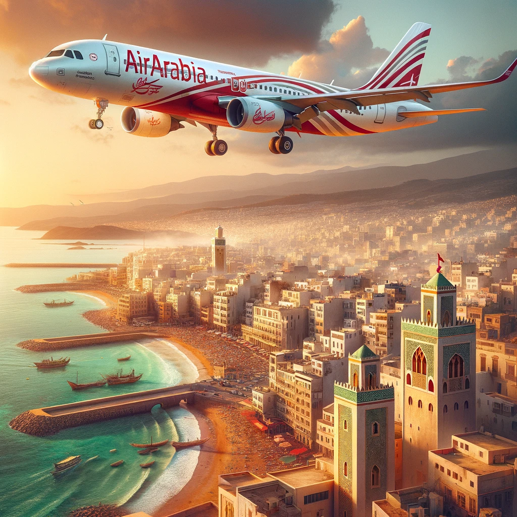 Air Arabia vliegtuig over Tanger met promotie tekst.