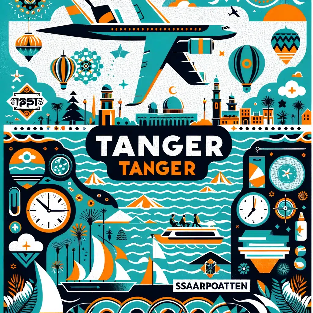 Een kleurrijke poster met tips voor betaalbare vluchten naar Tanger, met afbeeldingen van vliegtuigen, spaarpotten en een kompas, en de woorden 'Tips' en 'Tanger' in grote letters.