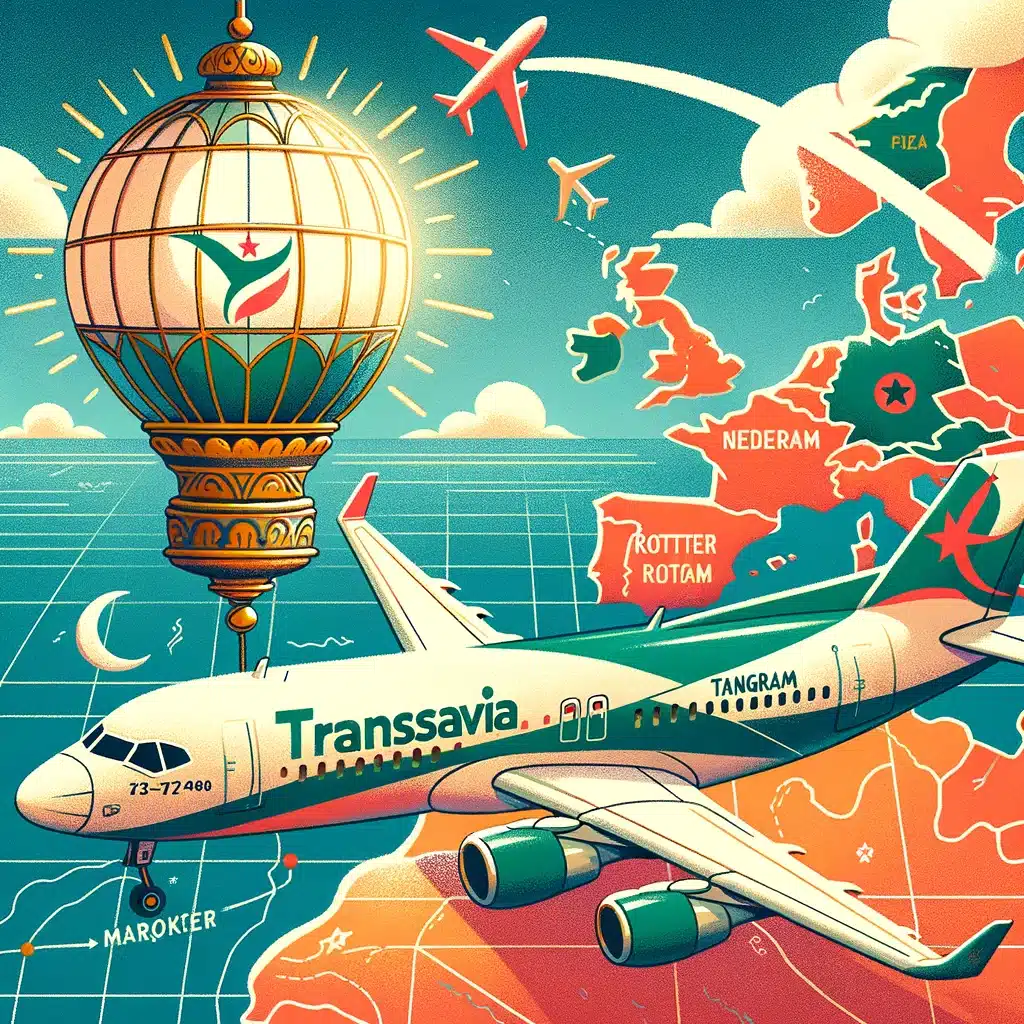 Een illustratie van een Transavia-vlucht van Rotterdam naar Tanger, met een groen vliegtuig tegen een achtergrond van een vereenvoudigde kaart van Europa en Afrika.