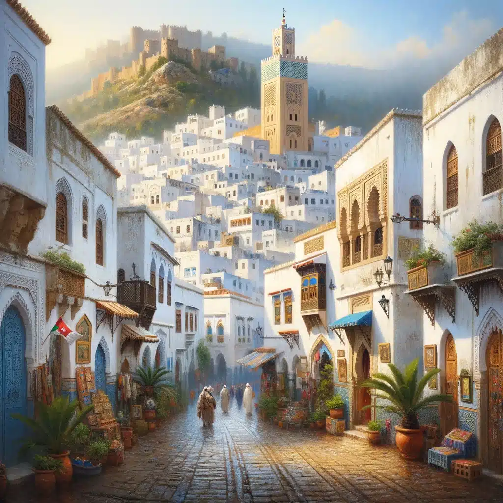 Kleurrijke weergave van Tetouan in Marokko, met traditionele Marokkaanse architectuur, levendige marktkramen en de Rifgebergte op de achtergrond.