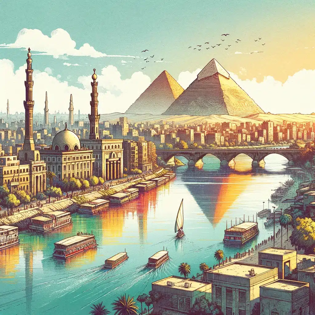 Kleurrijke illustratie van Cairo met de Nijl die door de stad stroomt en de Grote Piramides van Giza op de achtergrond.