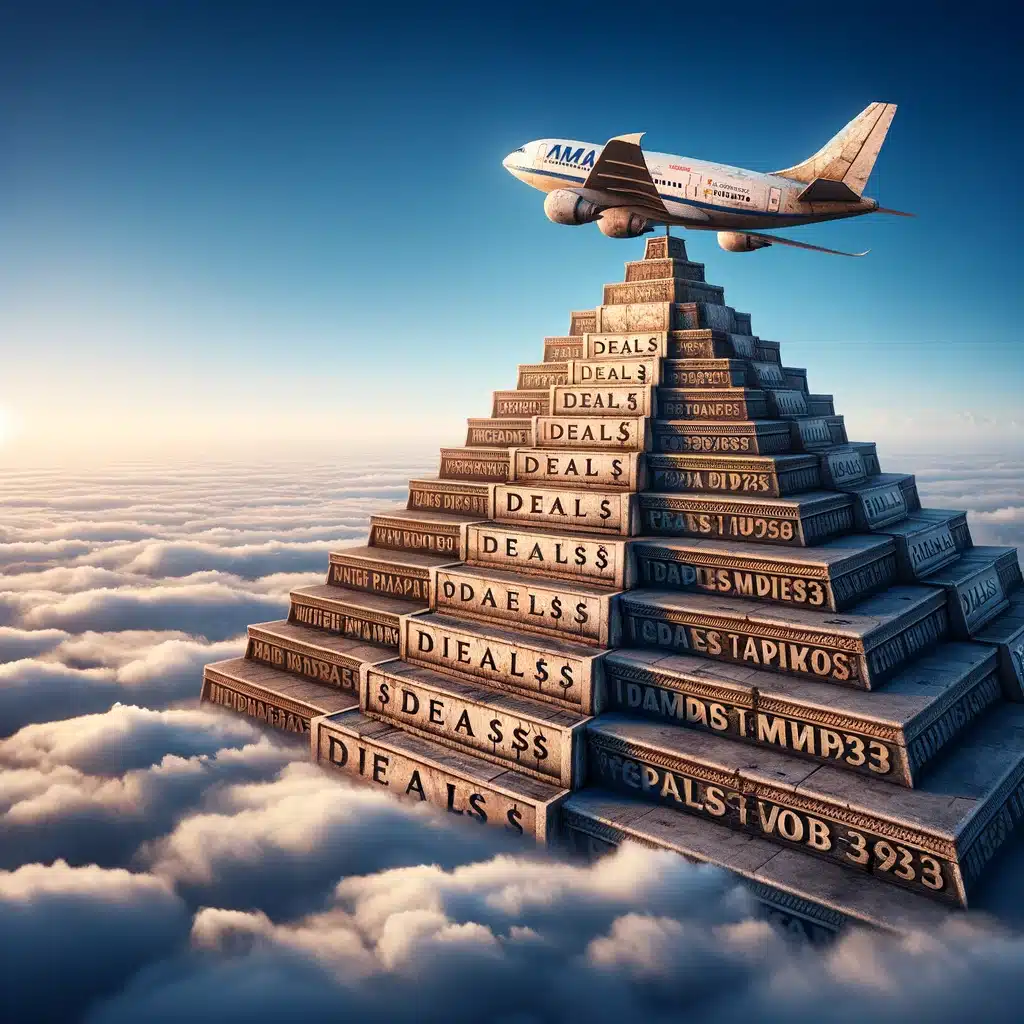 Prijskaartjes met "Deals" op de top van de piramides en een vliegtuig in de achtergrond.