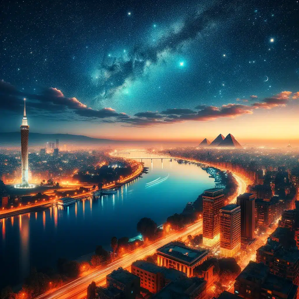 Nachtaanzicht van Cairo met de Nijl en Verlichte Stadsgezichten