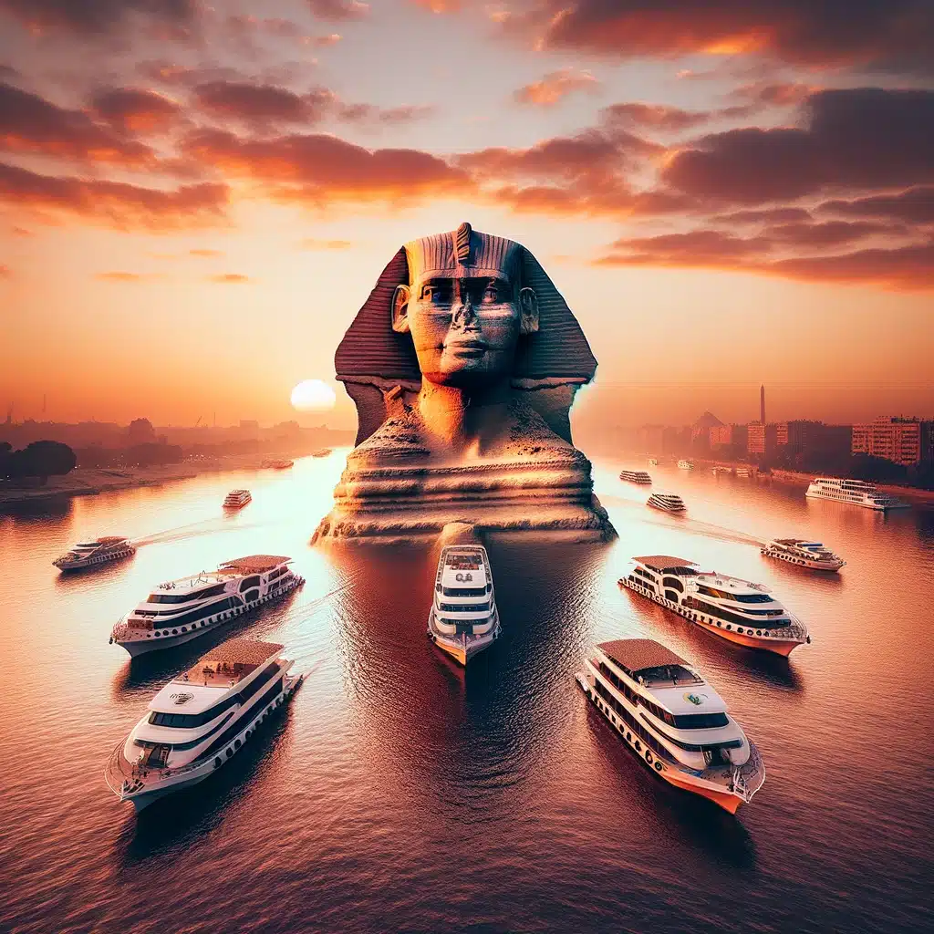 De Sfinx en luxe boten op de Nijl bij zonsondergang in Cairo.