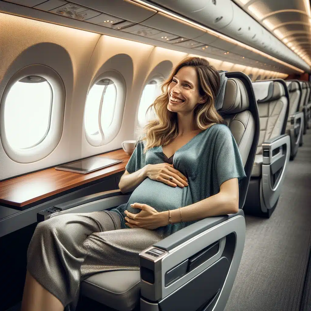 Blije zwangere vrouw zittend in een moderne vliegtuigstoel met een brede glimlach, omringd door een hedendaags vliegtuiginterieur.