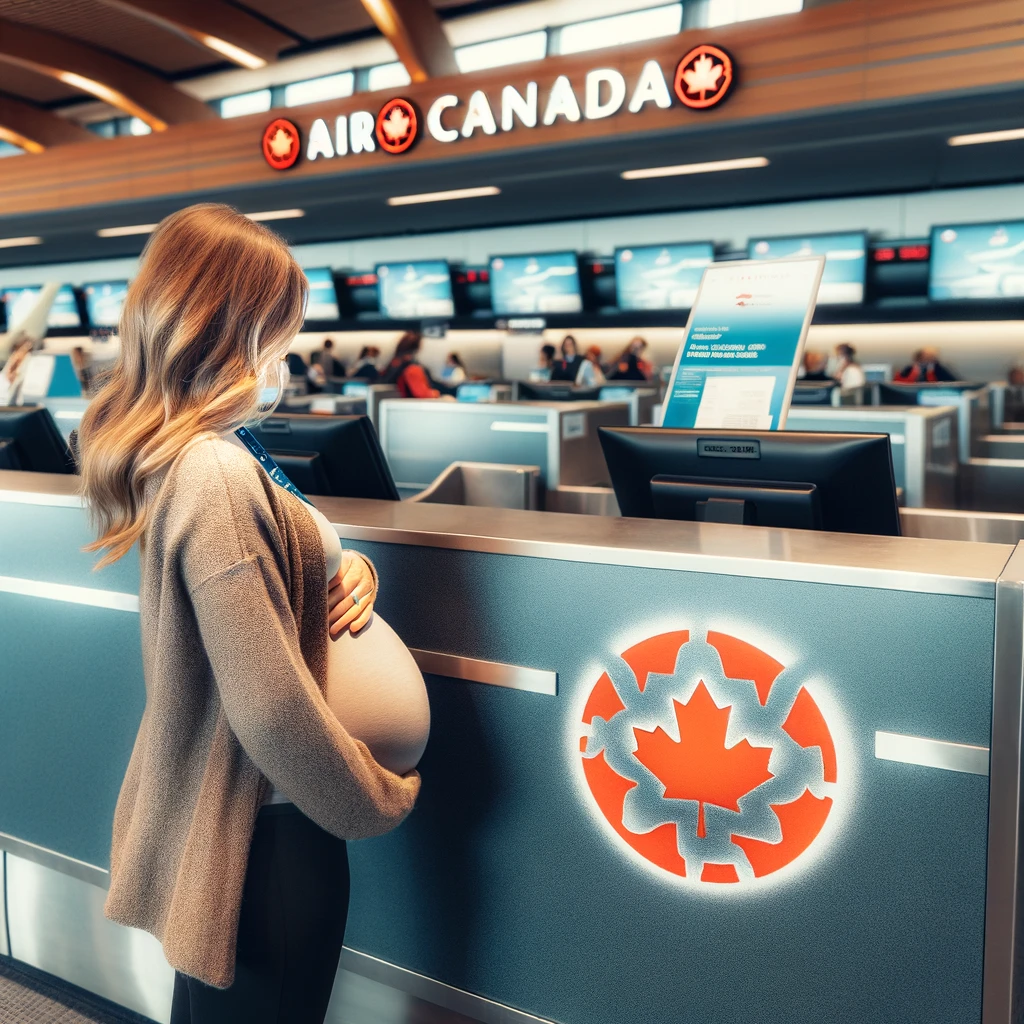 Zwangere vrouw meldt zich bij de incheckbalie van Air Canada.