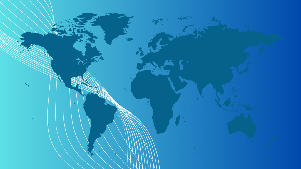 Wereldkaart met vluchtroutes die wereldwijde bestemmingen tonen, aangeboden door vlucht-ticket.nl
