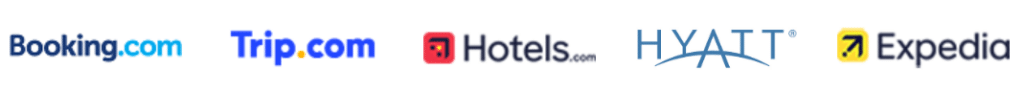 Logo's van Booking.com, Trip.com, Hotels.com, Hyatt, en Expedia.
