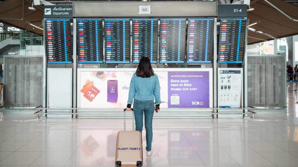 Reiziger kijkt naar een vertrekbord op een luchthaven met een koffer bij de hand.