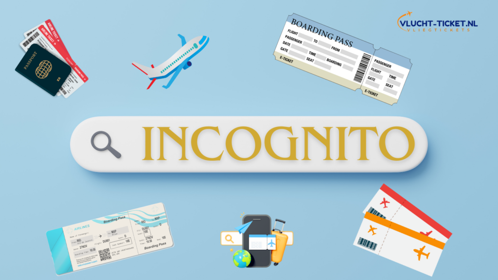 Illustratie van een zoekbalk met de tekst 'Incognito' en reisartikelen zoals vliegtickets, paspoort en een vliegtuig, met het Vlucht-Ticket.nl logo.