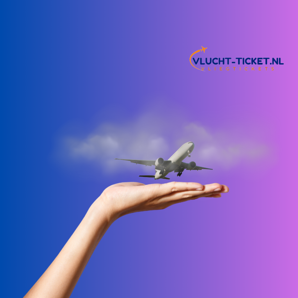 Hand die een opstijgend vliegtuig ondersteunt met Vlucht-Ticket.nl logo.